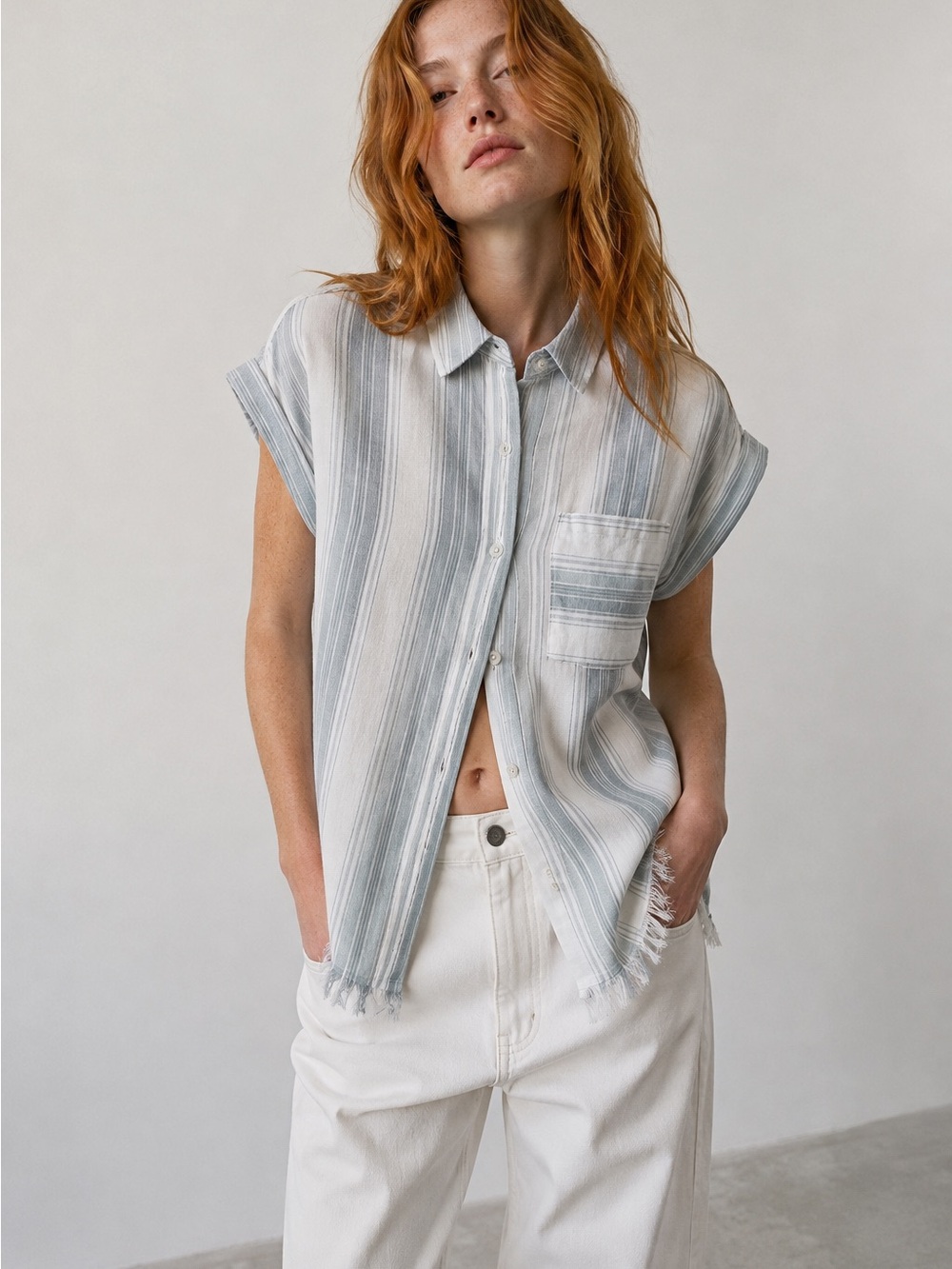 Altar'd State Light Sage and White Striped Short Sleeve Linen Button-Up Shirt